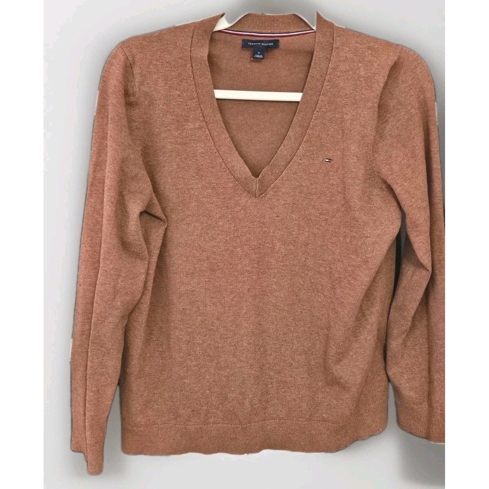 Tommy Hilfiger Minimalist Sweater Women's Medium Brown V-Neck Cotton Blend 279